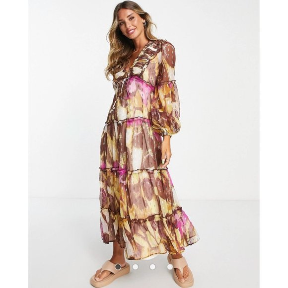 River Island Dresses & Skirts - River Island Garden Party Gold Shimmer Pailettes Lined Midi Dress Size US 10 NWT